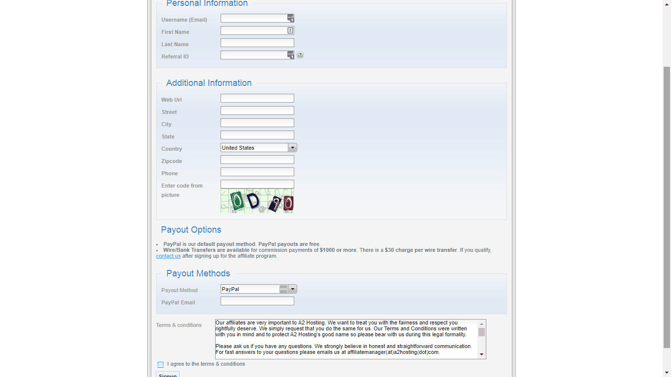 A2 Hosting Affiliate Program Signup Page